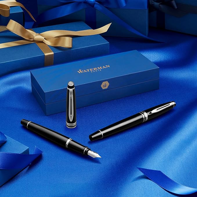 Waterman Expert RollerBall Pen Gloss Black with Chrome Trim Fine Point Black Ink Gift Box