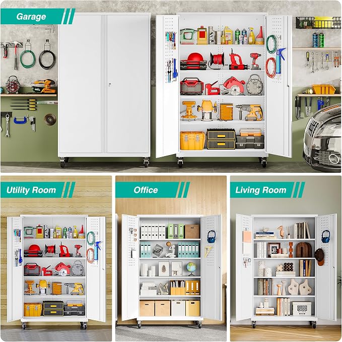 White Wide & Deep Metal Storage Cabinet with Wheels,Tall Rolling Garage Storage Cabinet with Lock,Black Metal Cabinets with Shelves and Pegboards,Tool Locker for Garage,Home,Office