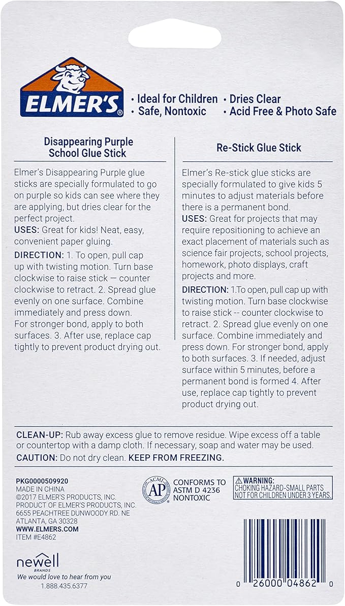 Elmer’s Disappearing Purple Glue Sticks with Bonus Re-Stick Glue Stick, 6 + 1 Pack