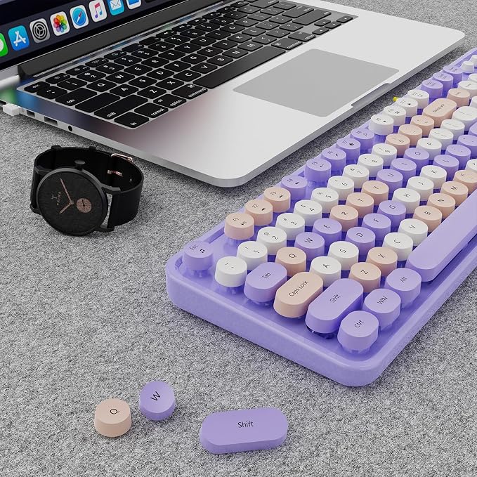 SkyGive Wireless Keyboard and Mouse Combo, Ergonomic Full Size Typewriter Retro Round Keycaps Keyboard, Compatible with Windows, PC, Perfer for Home and Office Keyboards (Lavender Purple