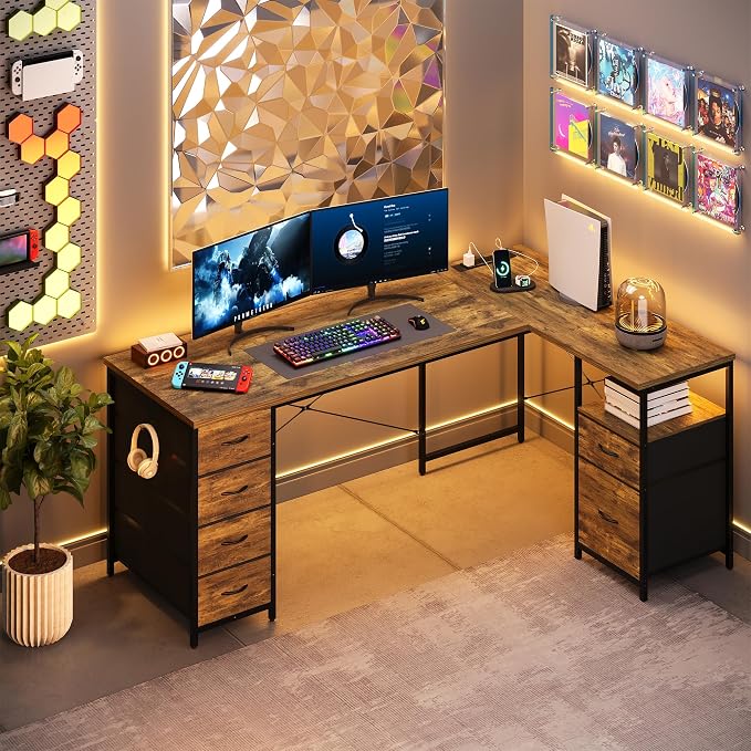 63 Inch L Shaped Office Desk with 6 Drawers & Type-C Port, Rustic Brown | File Cabinet, Power Outlets, Reversible Corner Computer Desk, Work Desk with Storage for Home Office, Bedroom, Gaming, Study
