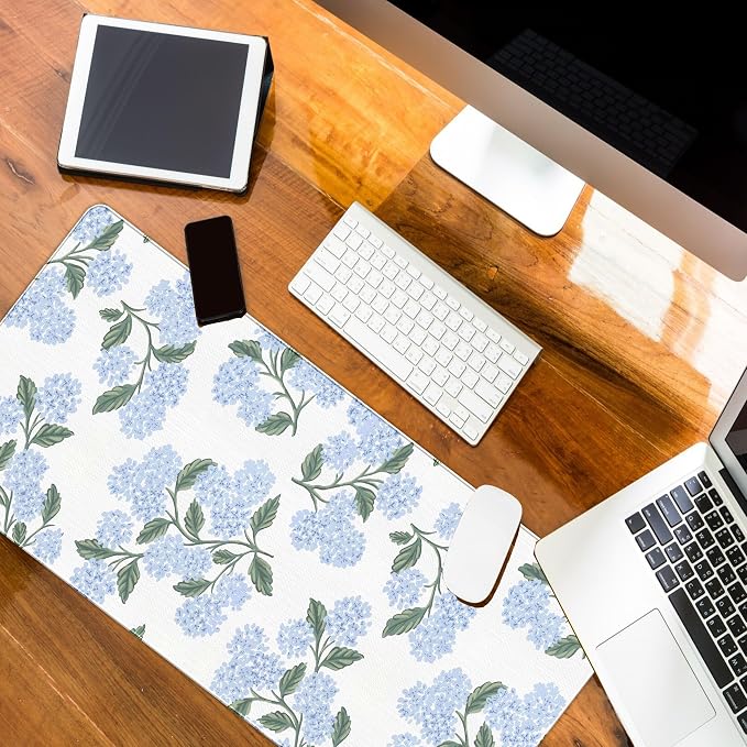 Blue Hydrangea Desk Mat, Blue and White Mouse Pad 23.6x11.8 | Blue Desk Accessories, Flroal Desk Matt for Desktop, Office Accessories for Women, Aesthetic Desk Pad