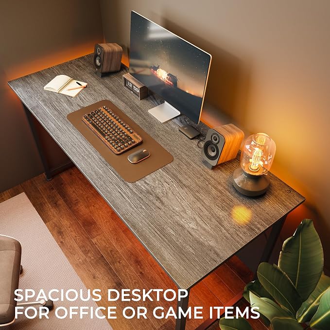 Huuger Modern Simple Office Desk, 55 Inch, Gaming & Work Desk with Storage, Large Legroom, Metal Frame, Grey