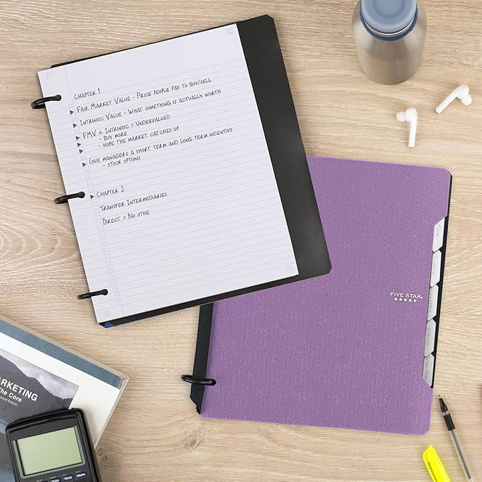 Five Star Flex Refillable Notebook + Study App,College Ruled Paper and 1 Inch TechLock Ring Binder with Pockets,Tabs and Dividers,200 Sheet Capacity,Amethyst Purple (29328AB6),(Pack of 6)