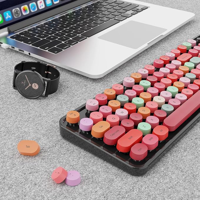 Wireless Keyboard and Mouse Combo, Ergonomic Full Size Typewriter Retro Round Keycaps Keyboard, Compatible with Windows, PC, Perfer for Home and Office Keyboards (Red