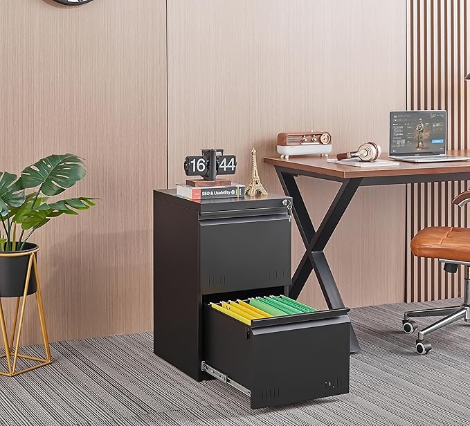 Guizeeopo 2 Drawer File Cabinet with Lock, Vertical File Cabinets for Home Office, Printer Stand, Heavy Duty Steel Office Storage Cabinet for Letter/Legal/A4, Assembly Required(Black)