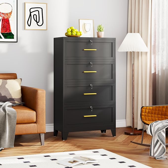 4 Drawer File Cabinet with Lock, Wide Metal Cabinet for Home Office | Wide lateral file cabinet for Letter, Legal, A4 and F4 hanging folders; individual locks, adjustable feet, anti-tip design