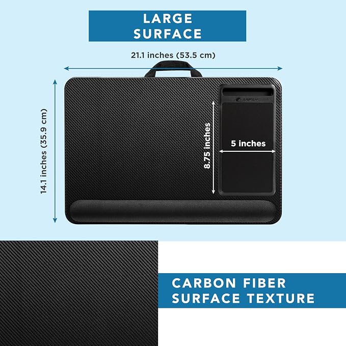 LAPGEAR Home Office Pro Lap Desk - Black Carbon, Fits 15.6” Laptops | Built-In Mouse Pad & Phone Slot, Wide Cushioned Wrist Rest, Dual-Bolster Microbead Cushion, Carry Handle
