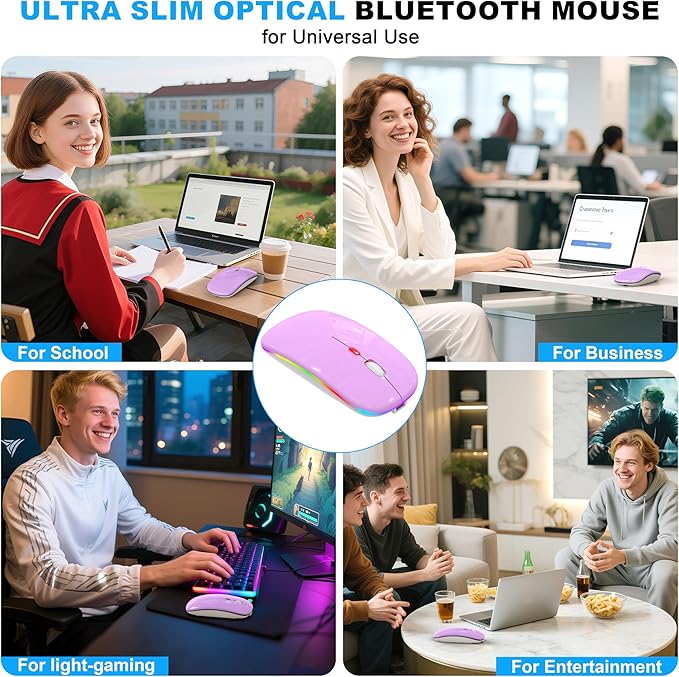 Azmall Bluetooth Wireless Mouse, Slim LED Rechargeable Silent Mouse with 2.4GHz USB-A/USB-C Receiver & Type-C Adapter, Compatible with Laptop, MacBook, iPad, iPad Pro,Mac,Tablet - Purple