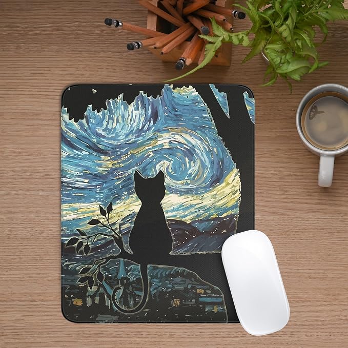 Cute Black Cat Square Mouse Pad,Aesthetic Cat Mouse Pads for Wireless Mouse Desk Accessories,10"X8" Travel Mousepad with Non-Slip Rubber Base, Stitched Edge Mouse Pads for Desk,Computers,Laptop,Office