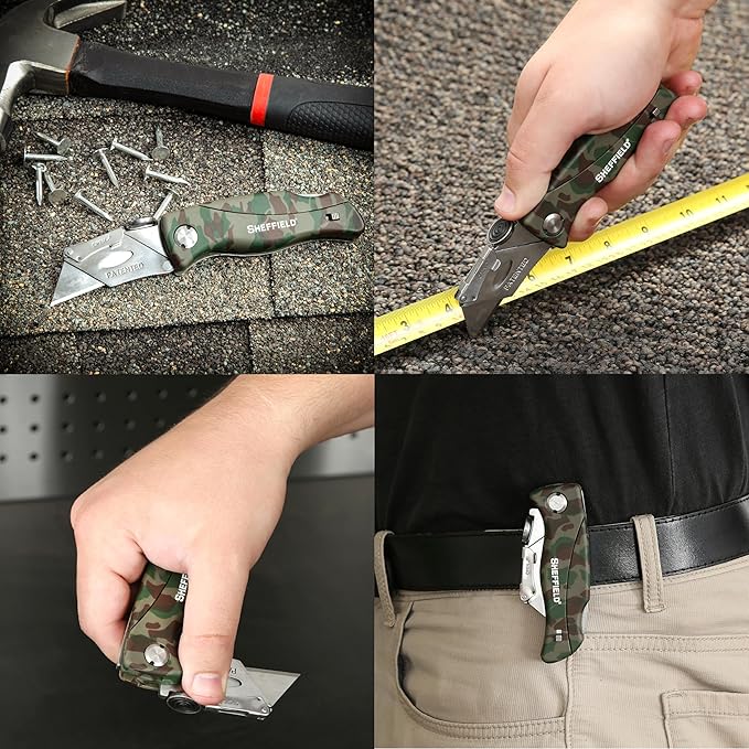 Sheffield Folding Utility Knife, Accepts Standard Utility Knife Blades, Box Cutter, Razor Blades Included, For Home, Office, Trades, and Warehouse