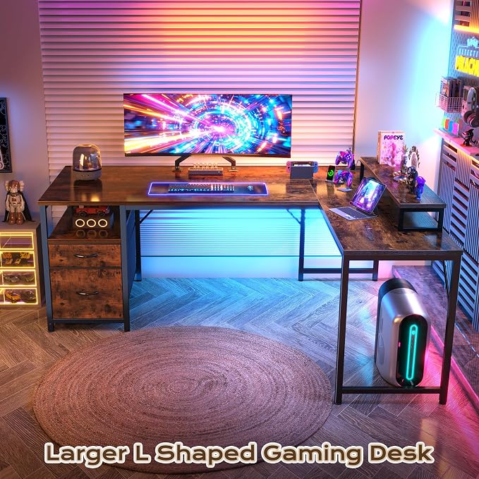 55 Inch L Shaped Desk with Power Outlets and USB-C Port, Computer Corner Home Office Desk with File Fabric Drawers and Movable Monitor Stand, Larger Storage for Gaming, Study, Rustic Brown