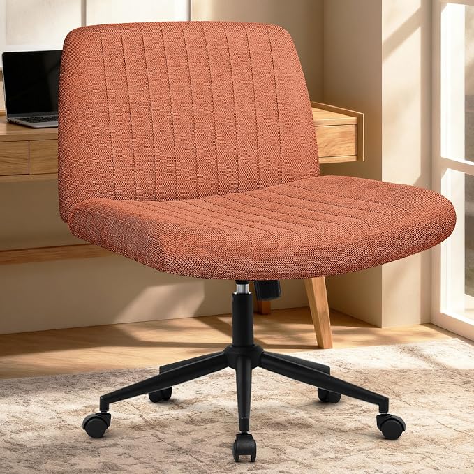 Orange Factory Criss Cross Chair, Wide Wheel Vanity Seat, Brown Dual Base | Cross-Legged with Dual Base with Wheels or Pads, 360° Swivel, Height Adjustable, Comfy Mid-Back for Office,Desk, Task Work