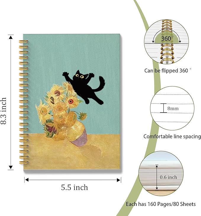 ROXMART Abstract Sunflower Black Cat Spiral Notebook, Cats Lover Gifts Journal, Black Cat Gifts for Women, Whimsical Floral Kitty Kitten Hardcover Notebook Journal, 5.5x8.3 Inch