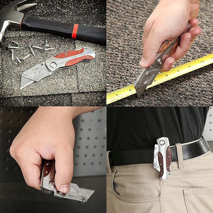 Sheffield 12115 Folding Utility Knife, Stocking Stuffers, Gifts for Men, Dad Gifts, Quick-Change Utility Knife Blades, Lightweight Hardwood Handle, Box Cutter, Cardboard Cutter