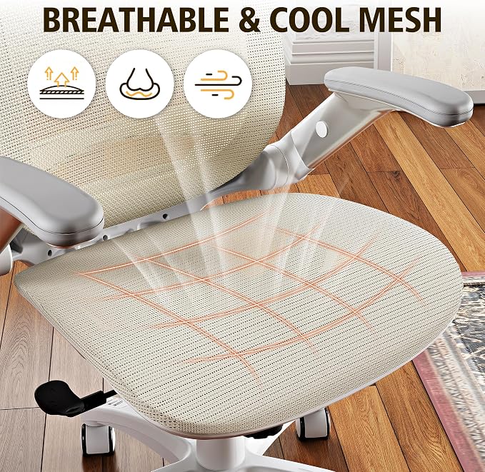 Ergonomic Office Chair, High Back Home Desk Chair with Headrest, Flip-Up Arms, 90-120° Tilt Lock and Wide Cushion, 300LBS Mesh Chairs for Man Woman, White Task Chair(Beige,GY01WBG)