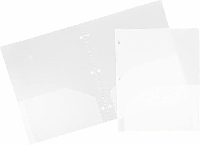 JAM PAPER Heavy Duty Plastic 3 Hole Punch Pocket Folders - Extra Tough School Folders - Clear - 24/Pack