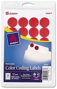 Avery Print/Write Self-Adhesive Removable Labels, 0.75 Inch Diameter, Red, 1008 per Pack (5466)