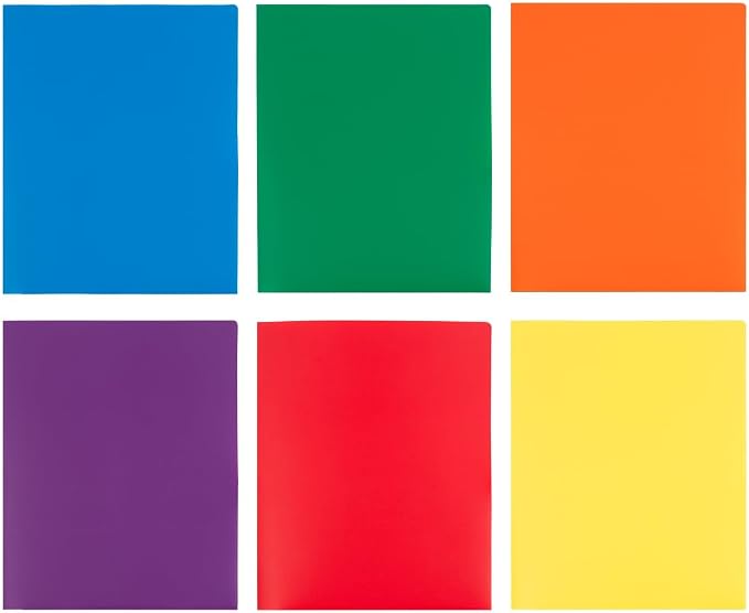 JAM PAPER Heavy Duty Plastic 2 Pocket Extra Tough School Folders - Assorted Primary Colors - Bulk 48 Folders/Box (8 Assorted Packs of 6)
