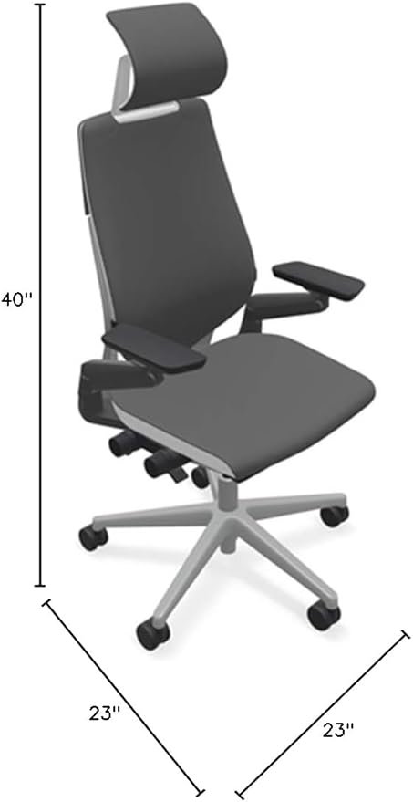 Steelcase Gesture Office Desk Chair with Headrest in Elmosoft Genuine Gunmetal L113 Leather Plus Lumbar Support High Platinum Metallic Frame with Seagull Seat/Back Merle Arms (Light/Light)