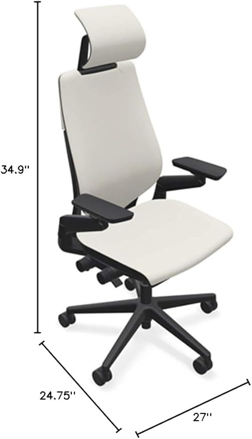 Steelcase Gesture Office Desk Chair with Headrest in Elmosoft Genuine White L151 Leather Plus Lumbar Support High Black Frame