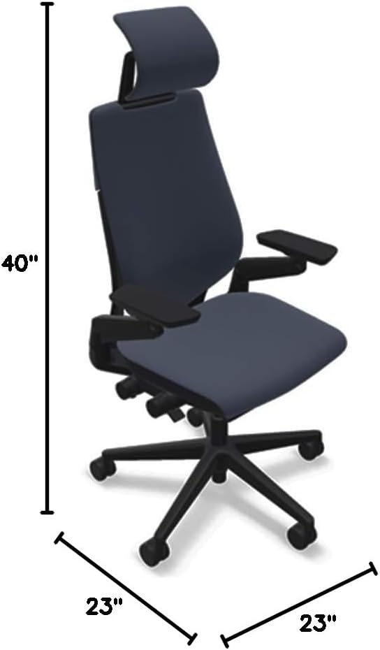 Steelcase Gesture Office Desk Chair with Headrest in Elmosoft Genuine Midnight Blue L111 Leather Plus Lumbar Support Low Black Frame