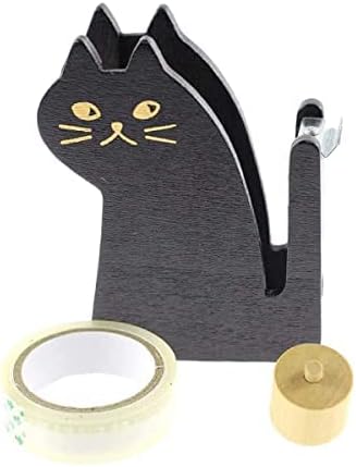 Cute Cat Tape Dispenser,Vintage Wooden Kitty Tape Cutter with 1 Roll Tape for Home Office Desktop Accessory (Black)