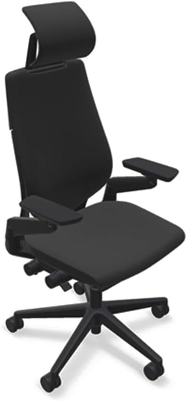 Steelcase Gesture Office Desk Chair with Headrest in Elmosoft Genuine Ebony L112 Leather Plus Lumbar Support Black Frame