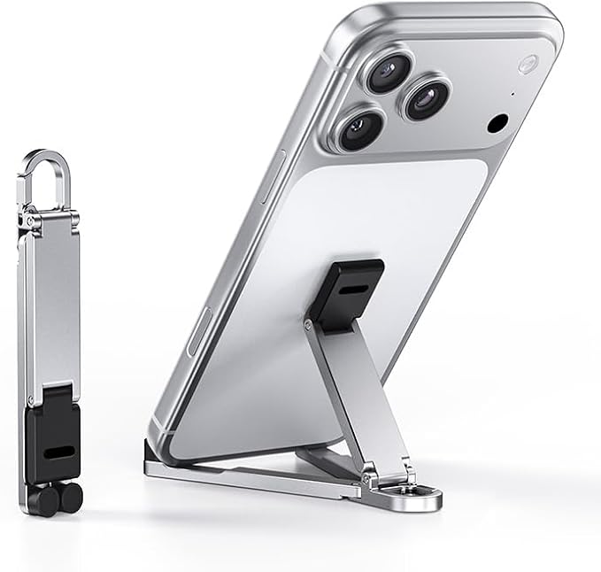 Portable Phone Stand, Foldable EDC Keychain Phone Holder with Snap Hook, Mini Aluminum Travel Cell Phone Stand for iPhone and Smartphones Under 8 Inches(Silver)