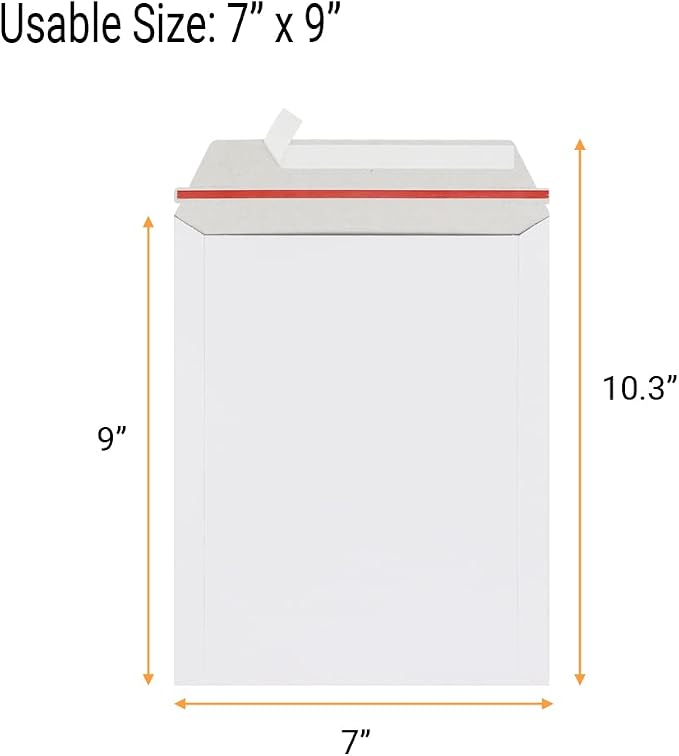 zmybcpack 100 Pack 7x9 inch Rigid Mailer Self Seal Photo Document Mailers, Stay Flat White Cardboard Shipping Envelopes White Photography Mailers for CD, Photos, Document