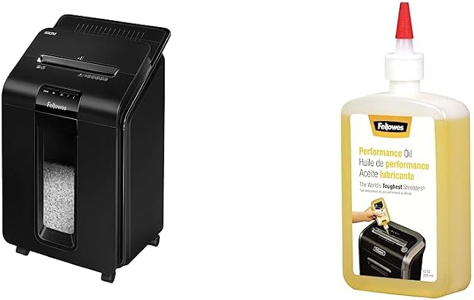 Fellowes AutoMax Micro-Cut 100M Office Auto Feed 2-in-1 Paper Shredder with 100-Sheet Capacity and Fellowes Powershred Performance Shredder Oil, 12 oz. Extended Nozzle Bottle