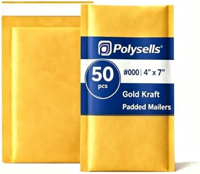 POLYSELLS #000 4x7 Kraft Bubble Mailers 50 Pack, Small Padded Envelopes for Jewelry & Tiny Items, Self Seal Shipping Bags
