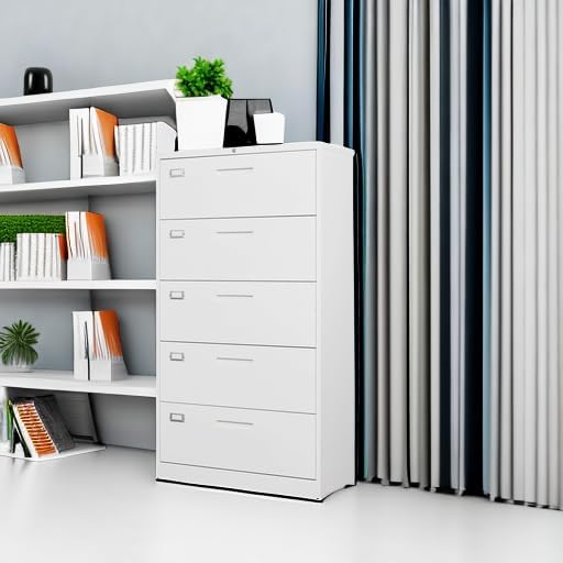 Lateral 5 Drawer File Cabinet with Lock,Metal Wide White Filing Cabinets for Home Office Storage A4/F4/Letter/Legal(Assembly Required)