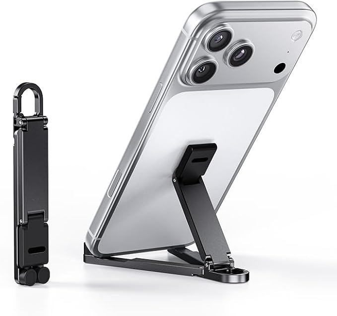 Portable Phone Stand, Foldable EDC Keychain Phone Holder with Snap Hook, Mini Aluminum Travel Cell Phone Stand for iPhone and Smartphones Under 8 Inches(Black)
