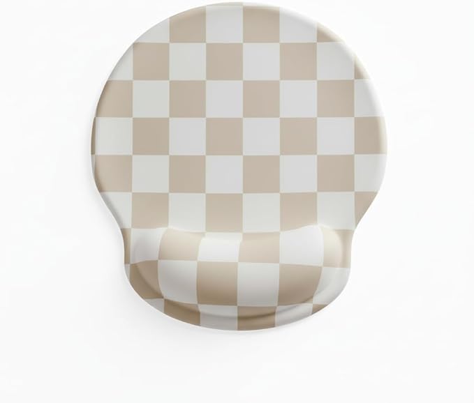 Beige White Checkered Mouse Pad with Gel Wrist Rest, Wrist Support, Ergonomic Desk Accessories for Women, Office Laptop Gaming Decor, Cute Aesthetic Check Design