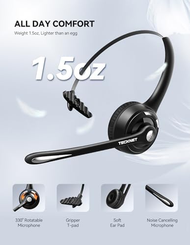 TECKNET Wireless Headset, Bluetooth Headphones with Noise Cancelling Microphone for Trucker, Hand Free Wireless Headset with Mute Mic for Cellphone/PC/Home/Office/Call Center (USB Dongle)