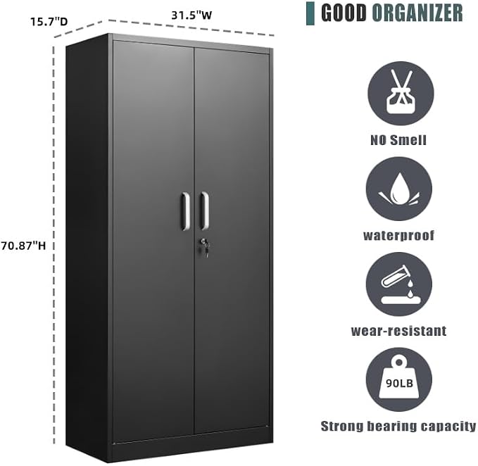 Approgreent Metal Storage Cabinet with Adjustable Shelves, Garage Cabinet with 2 Lockable Doors, Garage Storage Cabinet, Kitchen Pantry Cabinet - 71'H, Black