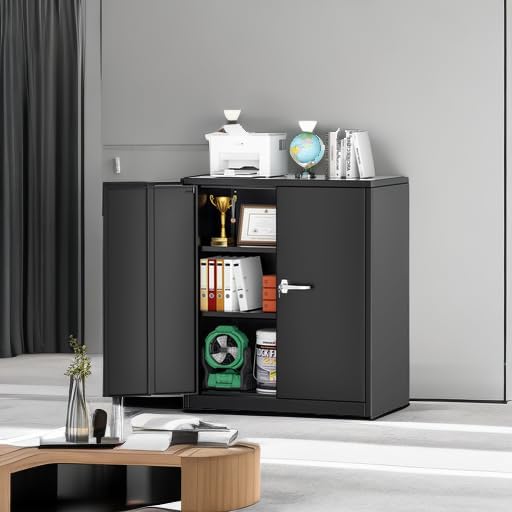 Steel Storage Cabinet with Lock, Lockable Metal Storage Cabinets with 2 Adjustable Shelves, Black Counter Height Garage Cabinet