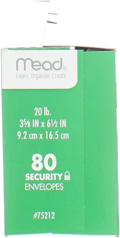 Mead #6-3/4 Envelopes, 3-5/8" x 6-1/2", Security Printed Lining for Privacy, Gummed Closure, White All-Purpose 20-lb Paper Mailing Envelopes, 80 Count (75212)