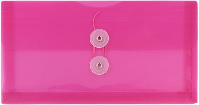 JAM PAPER Plastic Envelopes with Button & String Tie Closure - #10 Business Booklet - 5 1/4 x 10 - Fuchsia Pink - 3/pack