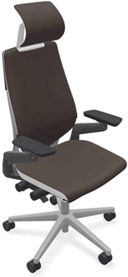 Steelcase Gesture Office Desk Chair with Headrest in Elmosoft Genuine Espresso L133 Leather Plus Lumbar Support Low Platinum Metallic Frame with Seagull Seat/Back Merle Arms (Light/Light)