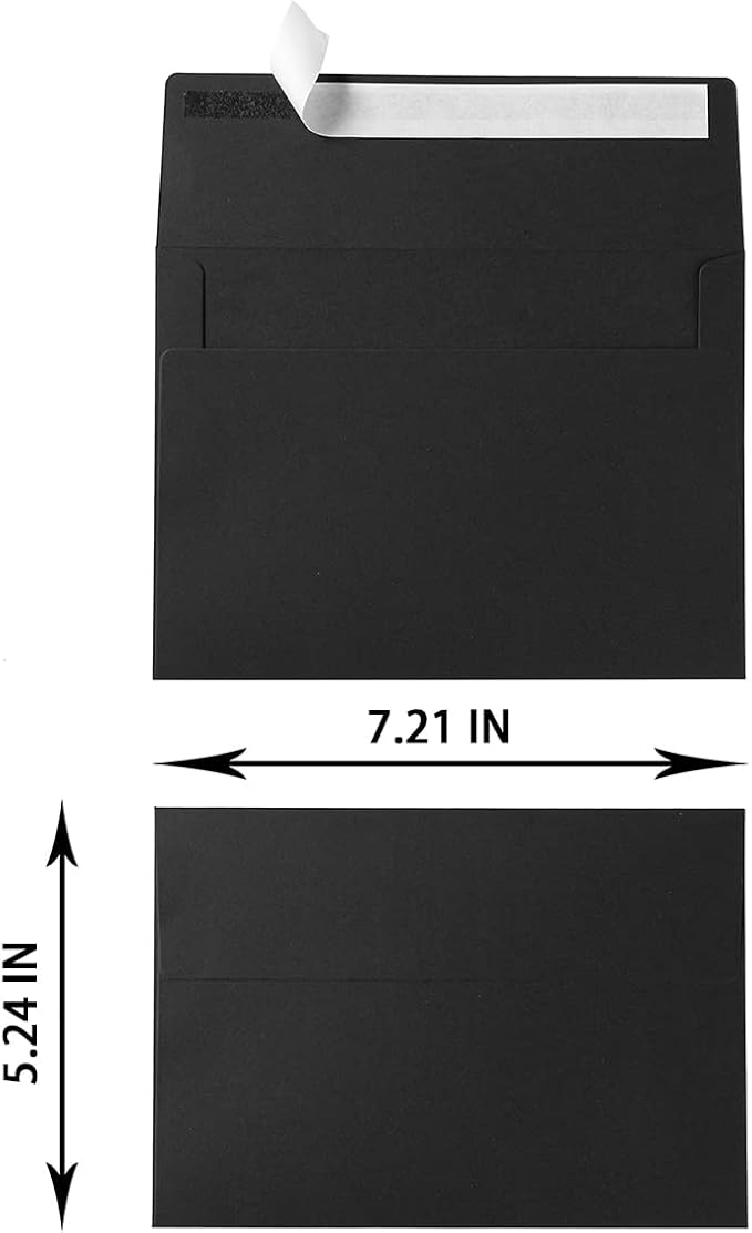 50 Pack 5 x 7 Envelopes Colored Self Seal for Wedding, Party Invitations, Greeting Cards, Announcements, Photos, 5.24 x 7.21 Inches (Black)