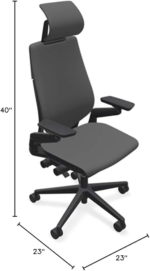 Steelcase Gesture Office Desk Chair with Headrest in Elmosoft Genuine Gunmetal L113 Leather Plus Lumbar Support High Black Frame