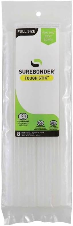 Surebonder Acrylic High-Strength Full Size 10" Tough Hot Glue Sticks for Superior Bonding to Hard-to-Bond Surfaces, 8 Pack, White