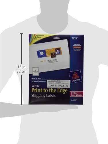 Avery Print-to-the-Edge Printable Shipping Labels, 4.75" x 7.75", Matte White, Sure Feed Technology, Laser & Inkjet Compatible, 50 Blank Labels, Great for Mailing, Branding, and More (6876)