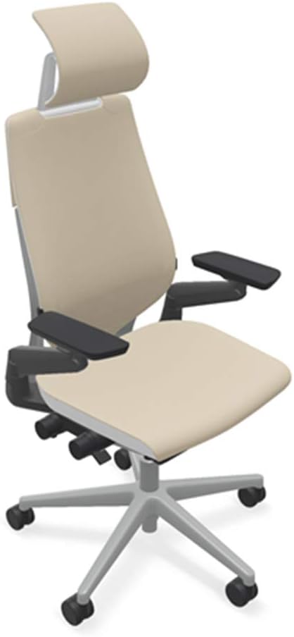 Steelcase Gesture Office Desk Chair with Headrest in Elmosoft Genuine Mica L114 Leather Plus Lumbar Support Low Platinum Metallic Frame with Seagull Seat/Back Merle Arms (Light/Light)
