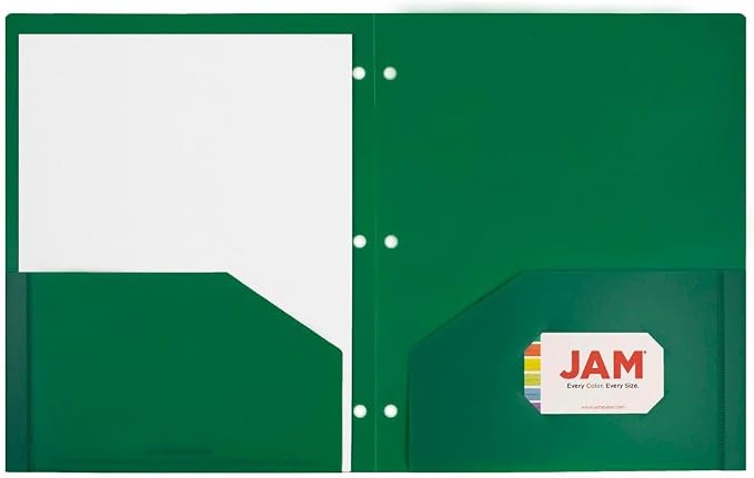 JAM PAPER Heavy Duty Plastic 3 Hole Punch Pocket Folders - Extra Tough School Folders - Green - Bulk 48/Pack