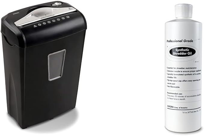 Aurora High-Security 8-Sheet Micro-Cut Paper Credit Card Shredder and 16 Oz Synthetic Shredder Oil Bottle