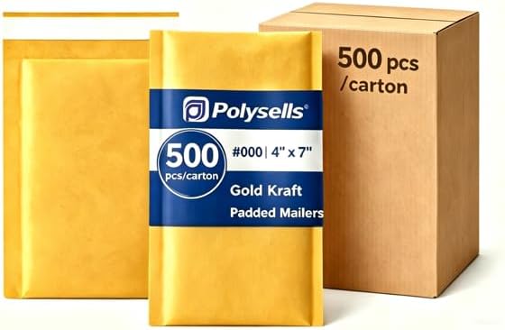 POLYSELLS #000 4x7 Kraft Bubble Mailers 500 Pack, Bulk Padded Envelopes for Jewelry & Small Item Shipping