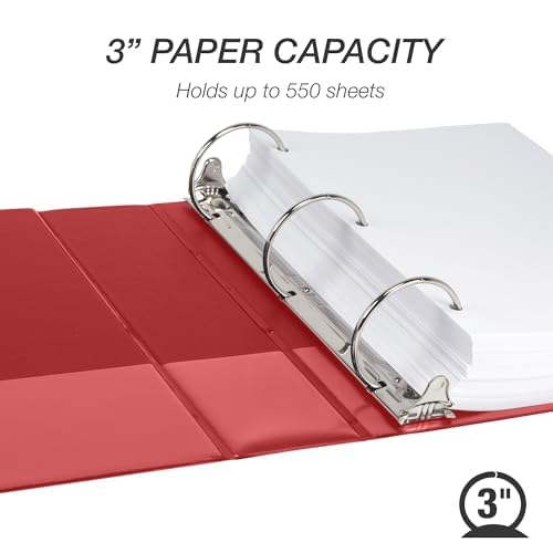 Samsill 3 Inch 3 Ring Binders, Economy Round Ring, Clear View Cover, 550 Sheet Capacity - for School, Home, Office - Red, 4 Pack